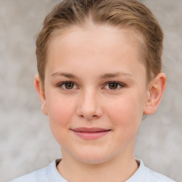 Joyful white child female with short  brown hair and brown eyes