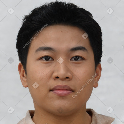 Neutral asian young-adult male with short  black hair and brown eyes