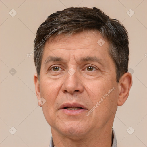 Neutral white middle-aged male with short  brown hair and brown eyes