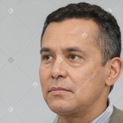 Neutral white adult male with short  black hair and brown eyes
