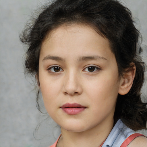 Joyful white child female with medium  brown hair and brown eyes