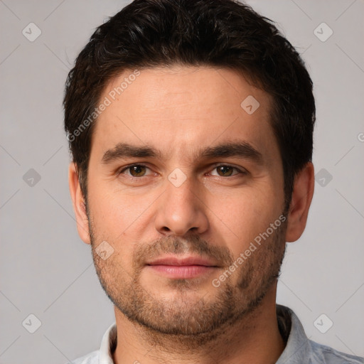 Neutral white young-adult male with short  brown hair and brown eyes