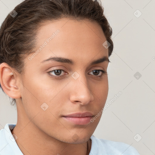 Neutral white young-adult female with short  brown hair and brown eyes