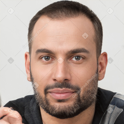 Neutral white young-adult male with short  brown hair and brown eyes