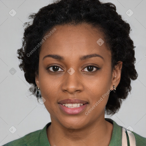 Joyful black young-adult female with medium  black hair and brown eyes