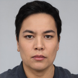 Neutral asian young-adult male with short  black hair and brown eyes