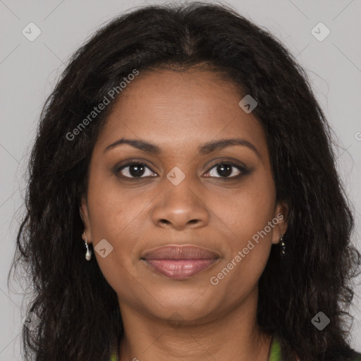 Joyful black young-adult female with long  brown hair and brown eyes