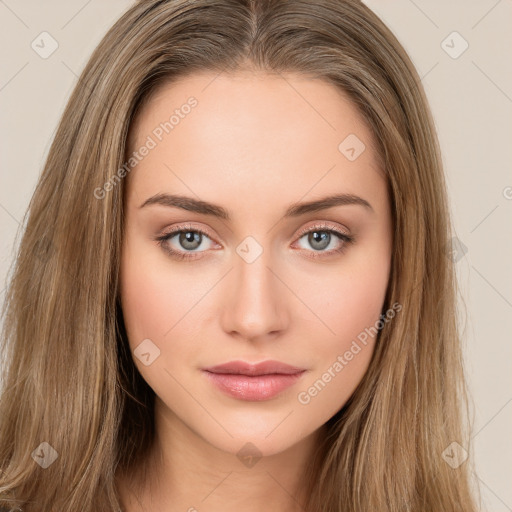 Neutral white young-adult female with long  brown hair and brown eyes