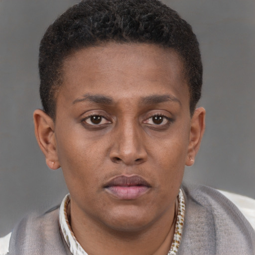 Neutral black young-adult male with short  brown hair and brown eyes