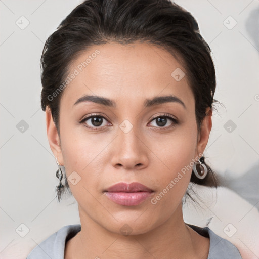 Neutral white young-adult female with medium  brown hair and brown eyes