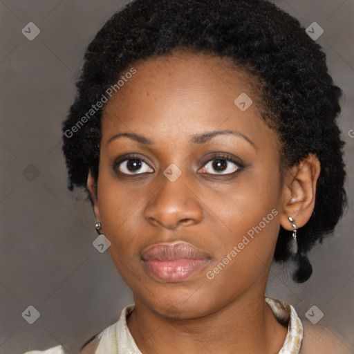 Neutral black young-adult female with short  black hair and brown eyes