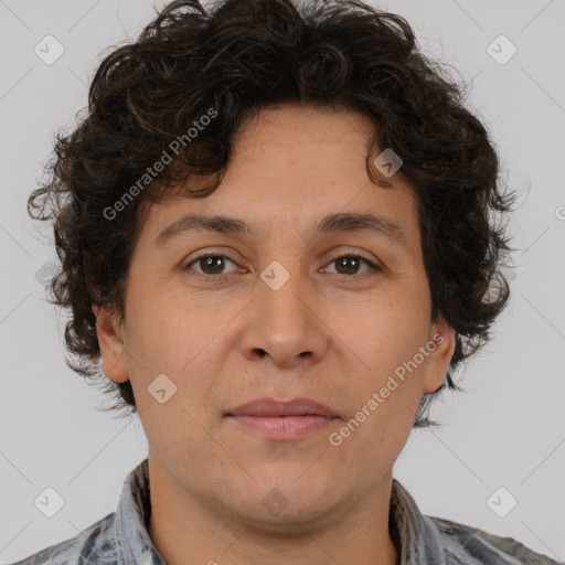 Joyful white young-adult male with medium  brown hair and brown eyes