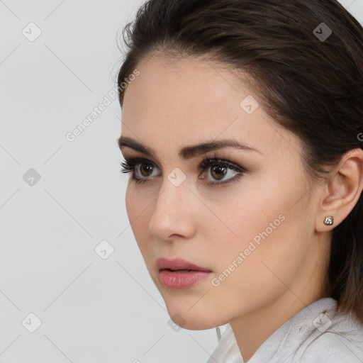 Neutral white young-adult female with medium  brown hair and brown eyes