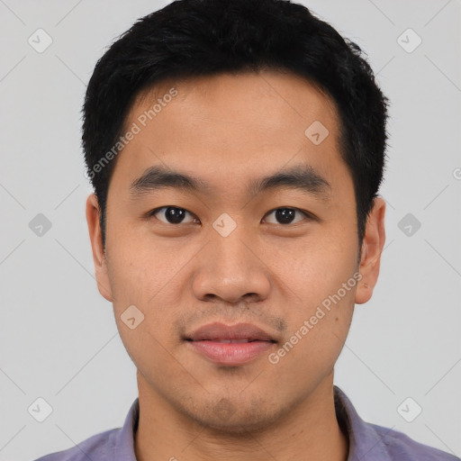 Neutral asian young-adult male with short  black hair and brown eyes