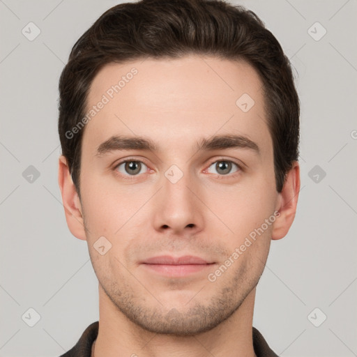 Neutral white young-adult male with short  brown hair and brown eyes