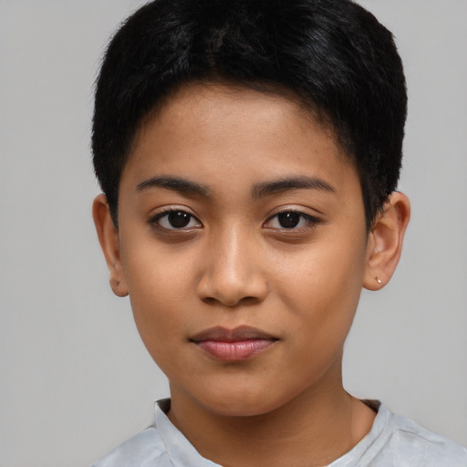 Joyful asian young-adult female with short  black hair and brown eyes