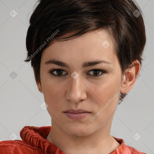 Neutral white young-adult female with medium  brown hair and brown eyes