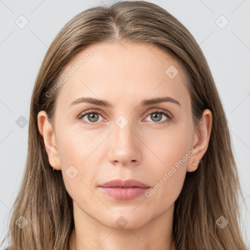 Neutral white young-adult female with long  brown hair and grey eyes