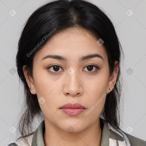 Neutral asian young-adult female with medium  brown hair and brown eyes