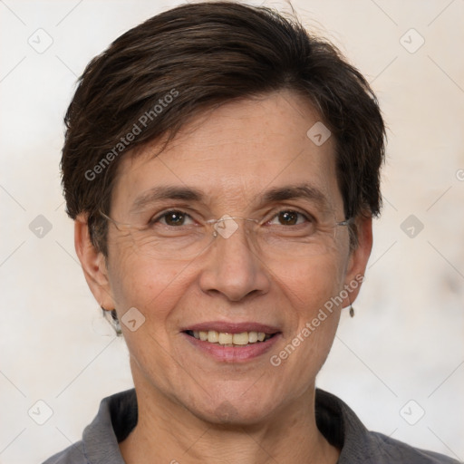 Joyful white adult female with short  brown hair and brown eyes