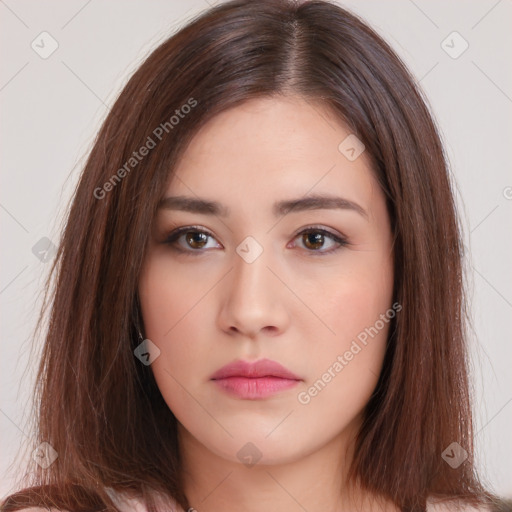 Neutral white young-adult female with long  brown hair and brown eyes