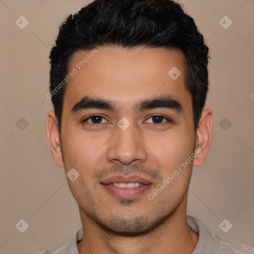 Joyful latino young-adult male with short  black hair and brown eyes