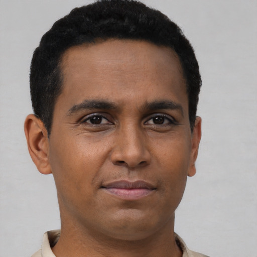 Neutral black young-adult male with short  brown hair and brown eyes