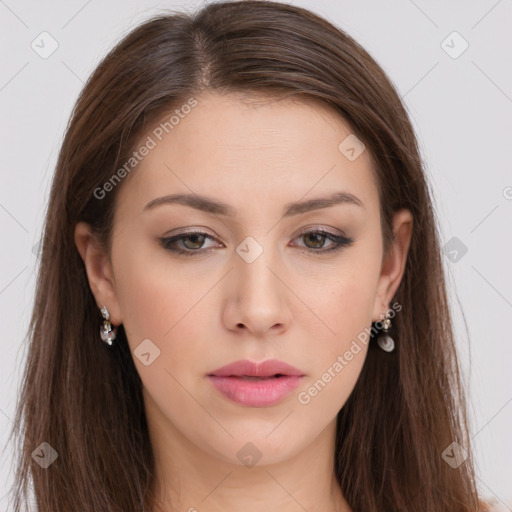 Neutral white young-adult female with long  brown hair and grey eyes