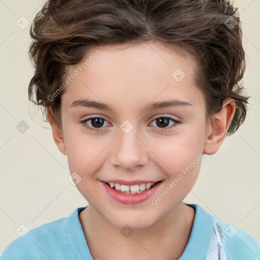 Joyful white child female with short  brown hair and brown eyes