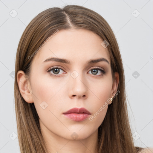 Neutral white young-adult female with long  brown hair and grey eyes