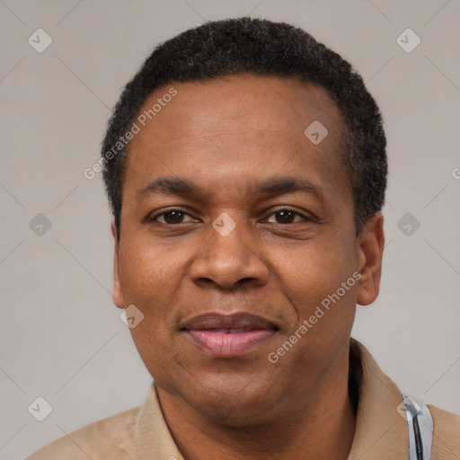Joyful latino adult male with short  black hair and brown eyes