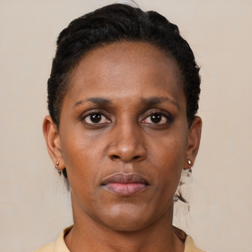 Neutral black adult female with short  black hair and brown eyes