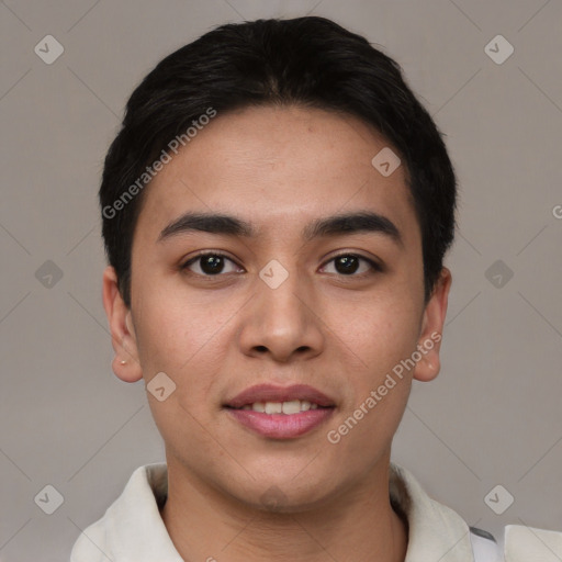 Joyful asian young-adult male with short  black hair and brown eyes