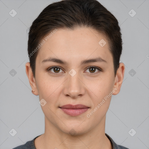 Joyful white young-adult female with short  brown hair and brown eyes