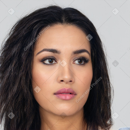 Neutral asian young-adult female with long  black hair and brown eyes