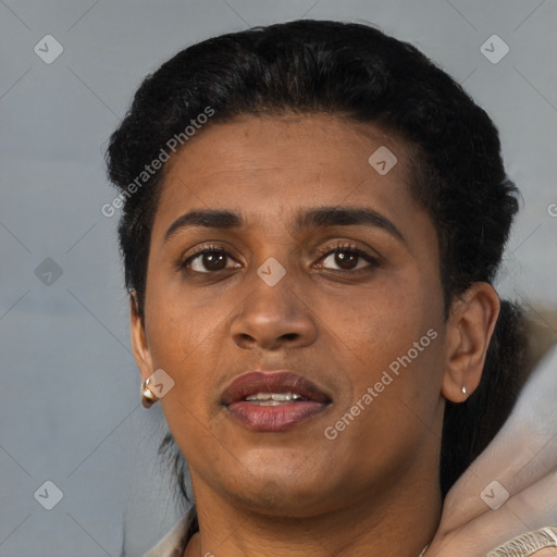 Joyful black adult female with short  black hair and brown eyes