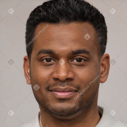 Neutral latino young-adult male with short  black hair and brown eyes