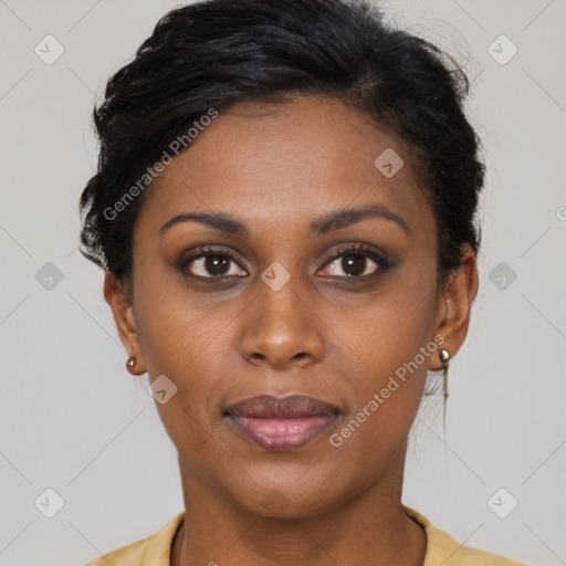 Joyful latino young-adult female with short  brown hair and brown eyes