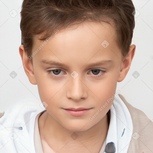 Joyful white child female with short  brown hair and brown eyes