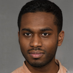 Joyful black young-adult male with short  brown hair and brown eyes