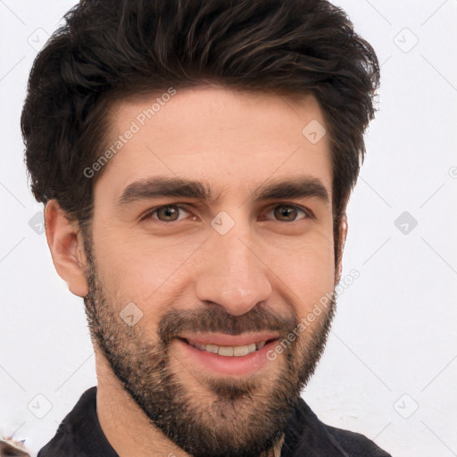 Joyful white young-adult male with short  black hair and brown eyes