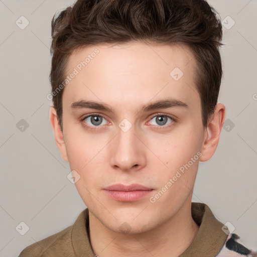 Neutral white young-adult male with short  brown hair and grey eyes