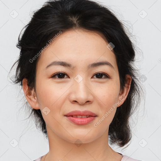 Joyful asian young-adult female with medium  brown hair and brown eyes