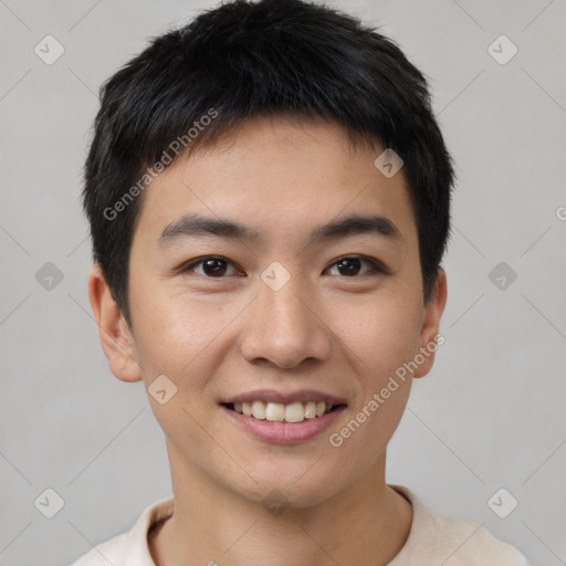 Joyful asian young-adult male with short  brown hair and brown eyes