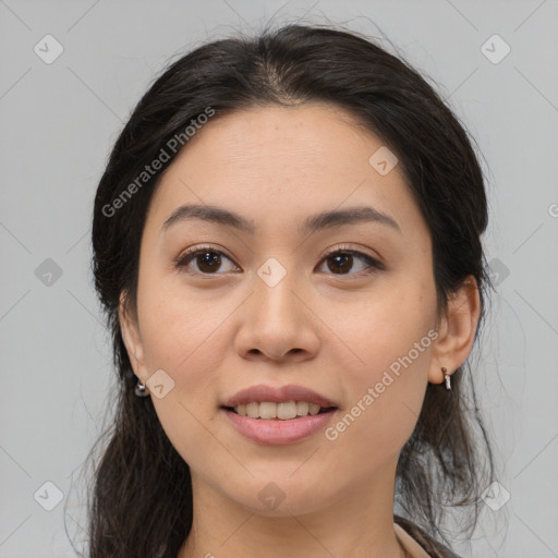 Joyful asian young-adult female with medium  brown hair and brown eyes