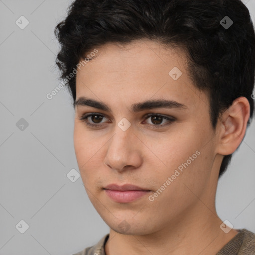 Neutral white young-adult female with short  brown hair and brown eyes
