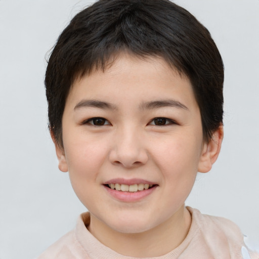 Joyful white child female with short  brown hair and brown eyes