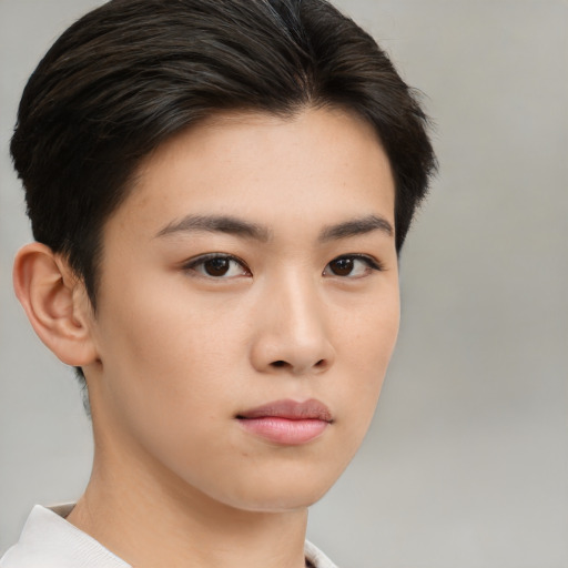 Neutral asian young-adult female with medium  brown hair and brown eyes