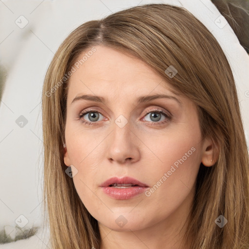 Neutral white young-adult female with long  brown hair and grey eyes