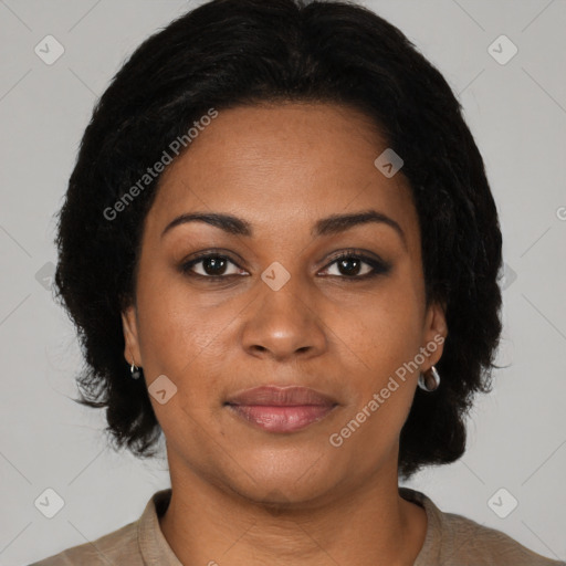 Joyful black young-adult female with medium  black hair and brown eyes